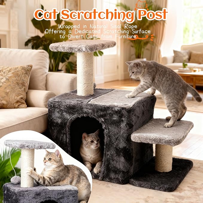 3-in-1 Pet Stairs for Cats, Indoor Steps for Old Cat,Ladders for High Bed Pet's Joints, Sisal Scratching Posts, Kitten Cave Nest Bed