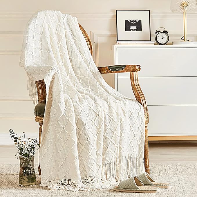 inhand Off White Knitted Throw Blanket for Couch and Bed, 60"x80" | Soft Cozy Knit Blanket with Tassel, Lightweight Decorative Blankets and Throws, Farmhouse Warm Woven for Men and Women