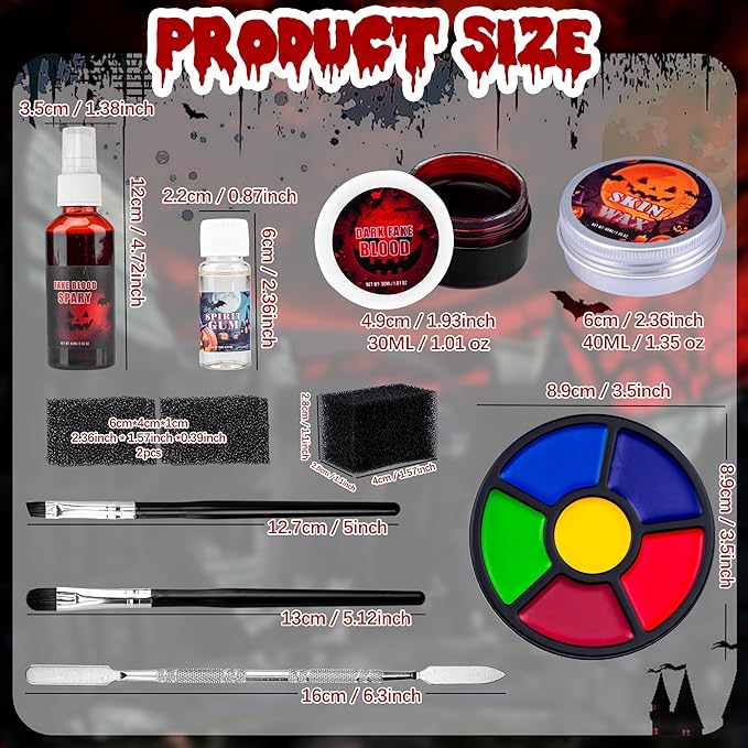 Halloween Special Effects SFX Makeup Kit - 6 Colors Bruise Body Makeup Face Painting Palette + Scar Wax + Spatula Tool + Fake Blood + Stipple Sponges + Brushes - For Halloween Party & Cosplay