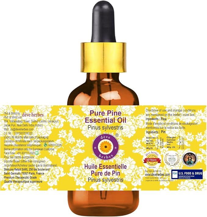 Deve Herbes Pure Pine Essential Oil (Pinus sylvestris) with Glass Dropper Steam Distilled (Pack of Three) 100ml X 3 (10 oz)
