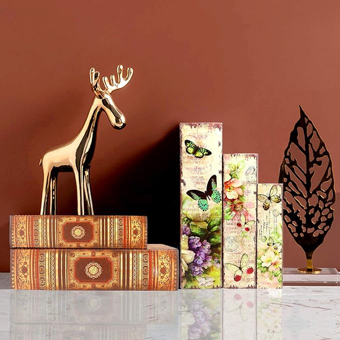Jolitac Decorative Book Boxes World Map Pattern Antique Book Invisible box with Magnetic cover, Faux Wood Set of 3 Storage Set (Butterfly)