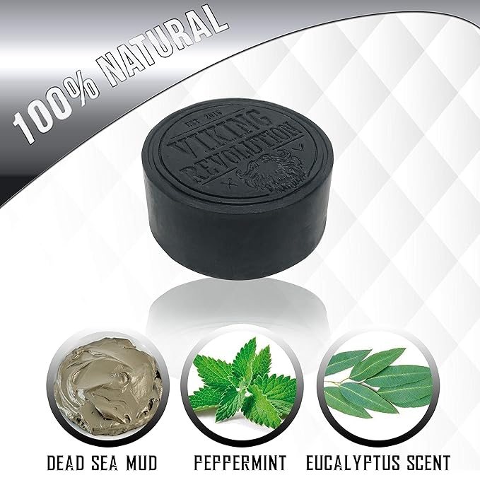 Viking Revolution Skin Cleaning Agent Activated Charcoal Soap for Men w/Dead Sea Mud, Body and Face, Cleanser,Cleansing Blackheads - Peppermint & Eucalyptus Scent 6 Oz (Pack of 2)