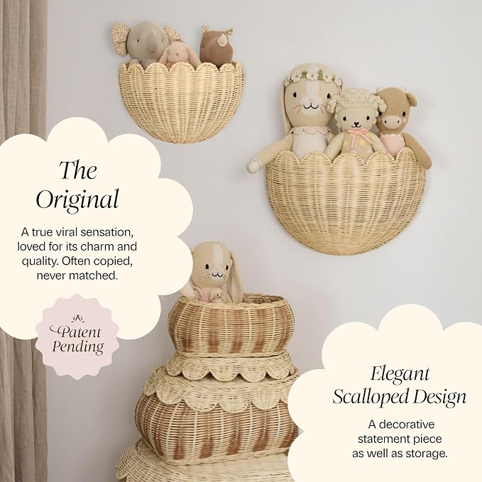BEBE BASK The Original Scalloped Wicker Wall Basket – Set of 2 (16x10x7 In) | Handwoven Scalloped Wall Baskets, Rattan Wall Hanging Baskets, Wall Storage Basket for Nursery, Living Room Natural
