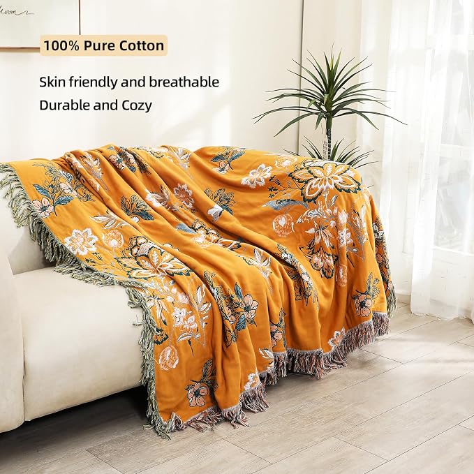 VANJOROY Boho Large Throw Blanket, 100% Organic Cotton Breathable Soft Bed Throw - Floral Bird Farmhouse Decor Blanket for Sofa Couch Chair Quilt and Gift. (Flower-Art, 80" x 90")