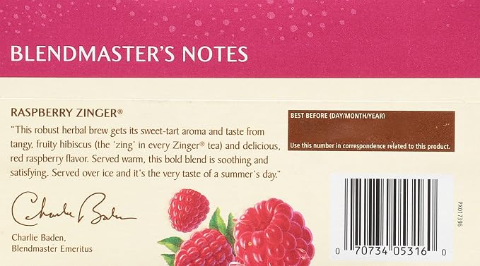 Celestial Seasonings Raspberry Zinger Herbal Tea, Caffeine Free, 20 Tea Bags Box (Pack of 6)