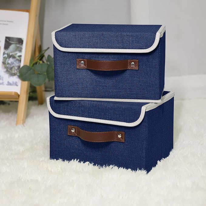 ANMINY Fabric Storage Box Bins with Lids, Blue, 10"x8"x7", 2 Pack | Keepsake Memory Storage, Cotton Linen, PP Board Reinforced, Washable, PU Handles, Foldable & Stackable, Decorative, Small