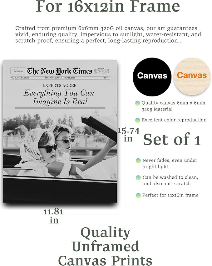 iHery 12x16in Everything You Can Imagine Unframed Newspaper Art | Unframed Canvas Print Poster, Vintage Girls Decor for Bedroom 1Pack
