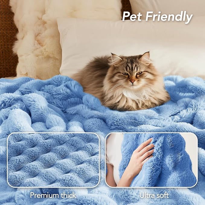 L'AGRATY Faux Rabbit Fur Throw Blanket for Couch, 60'' x 80'', Airy Blue | Soft Cozy Bubble Fluffy Blanket for Sofa Bed, Thick Warm Plush Fuzzy Throw for Room Home Decor, Luxury Gift for Women Mom