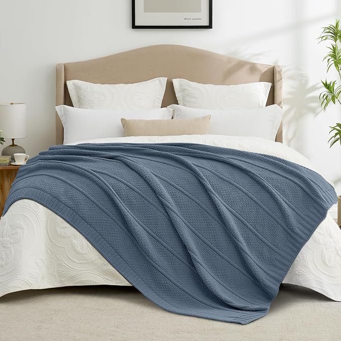 Chenille Throw Blanket for Couch, Soft Cozy Chunky Knit Blanket, Moss Stitch Throw for Sofa, Bed, Living Room, Lightweight Warm Home Decor, Dusty Blue 60"x80"