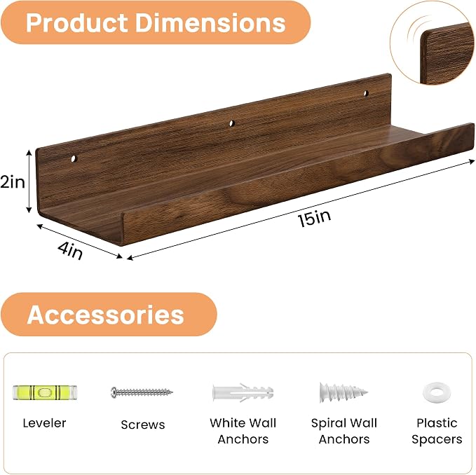upsimples 4 Pcs 15" Acrylic Shelves for Wall Decor and Display, Walnut | Cute Floating Shelf for Perfume, Skincare, Nail Polish, Wall Organizer for Bedroom, Living Room, Playroom, Room Décor
