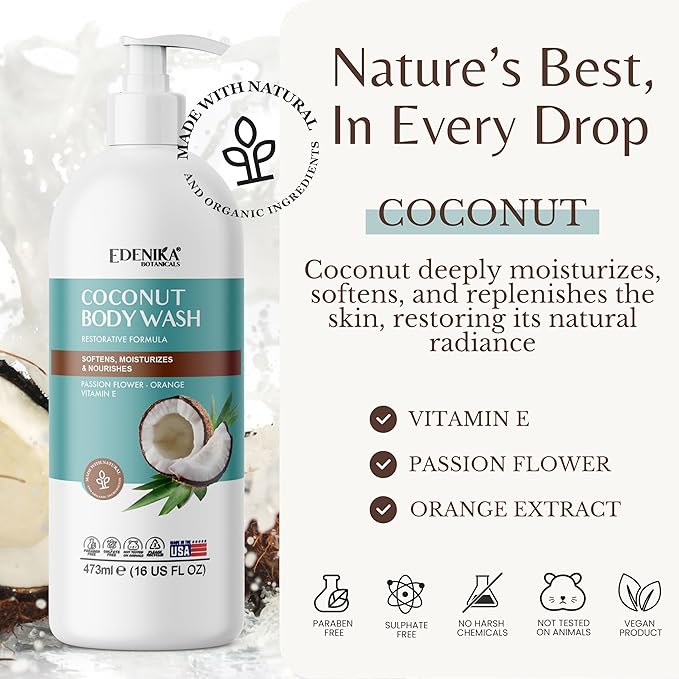 EDENIKA BOTANICALS Coconut Body Wash, Cleans, Softens & Nourishes, Ultra Moisturizing Shower Gel for Dry and Sensitive Skin, Women & Men, Organic & Natural, 16 fl oz, 2-Pack