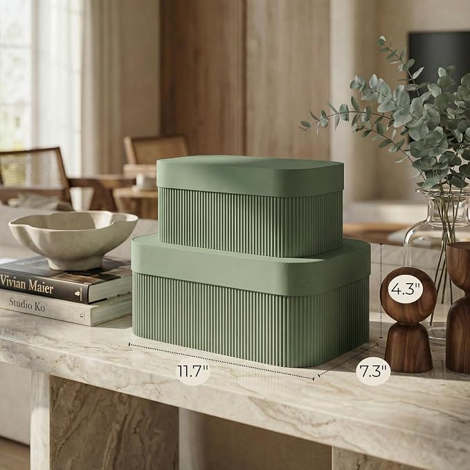 ZICOTO Decorative Storage Boxes with Lids - Set of 2 Beautiful Fluted Photo Organizer Bins for Your Home Bookshelf Decor to Safely Store Your Documents, Memory Box Items and Other Keepsakes in Style