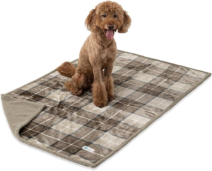 PetAmi Waterproof Dog Blanket for Large Dog Cat Pet, 60x80, Plaid Taupe | 460 GSM Sherpa Fleece Reversible, Pee Proof, Furniture Protector Cover for Couch Sofa Bed Kennel, Washable, Extra Large