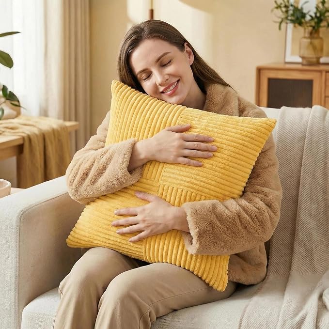 Fancy Homi Yellow Decorative Throw Pillow Covers 22x22 Inch for Living Room Couch Bed Sofa, Rustic Farmhouse Boho Home Decor, Soft Corss Corduroy Patchwork Accent Square Cushion Case 55x55 cm