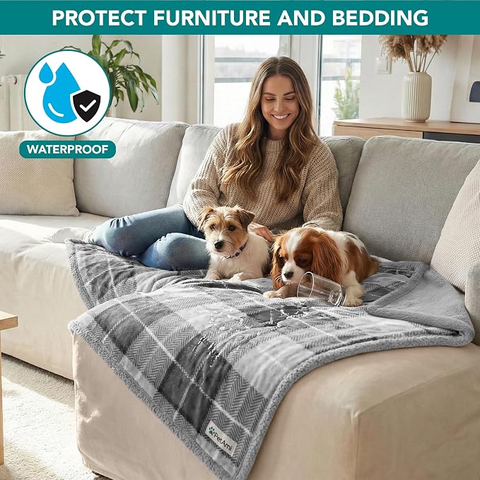 PetAmi Waterproof Dog Blanket for Large Pet Cat, 60x80, Plaid Light Grey | 460 GSM Sherpa Fleece Reversible, Pee Proof, Furniture Protector Cover for Couch Sofa Bed Kennel, Washable, Extra Large