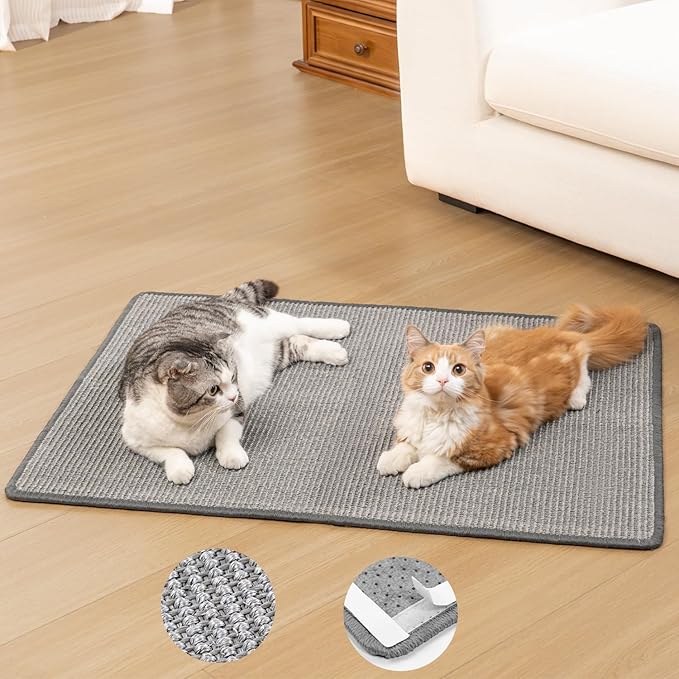 Conlun Cat Scratching Pad, 27.5x35.4in Sisal Mat Couch Protector | Indoor Cat Scratcher Mat, Mess-free, Anti-slip Backing, Hook&Loop Tape for Furniture Door Wall, Grey