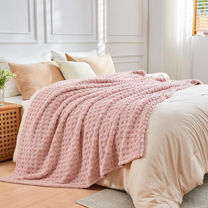 NEWCOSPLAY 3D Waffle Checkered Flannel Queen Blanket, Pink, 90"x90" | Super Soft Cute Lightweight Decorative Premium Silky Fleece Blanket for Couch Sofa Bed, Gift for Women Men, All Season Use