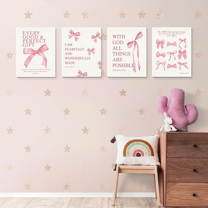 LARTSFRO Coquette Pink Bow Canvas Wall Art Decor Prints Posters, Pink Bow Room Bedroom Bathroom Dorm Wall Art Decor Aesthetic for College Teen Girls Gifts, Inspirational Bible Verses Bow Wall Decor, 11x14 Inch Set of 4 Pcs Bow Pictures (Canvas Framed 1...