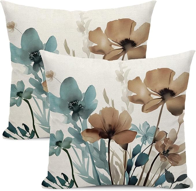 Spring Floral Pillow Covers 18x18 Inches Set of 2 Blue Brown Floral Throw Pillow Covers Outdoor Rustic Summer Flower Decoration Pillowcase Farmhouse Decorative Cushion Cover For Home Sofa Couch