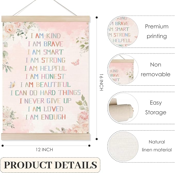 Koesus Inspirational Girls Nursery Wall Art Poster Hanger Frame 12x16 Inch, Boho Pink Floral Positive Affirmation Canvas Pictures Prints Framed Wall Decor for Toddler Girls Room Nursery Playroom