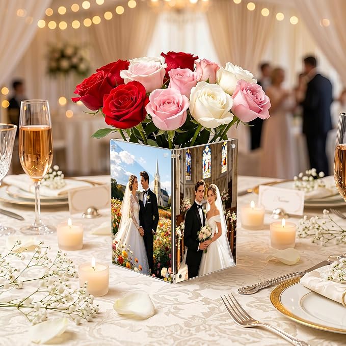 Rotating Acrylic Vase for Party Centerpieces, 4-Sided Magnetic Picture Display Frame 4x6 Inch, 360° Spinning Photo Display Holder for Wedding Event Table, Acrylic Menu Holder for Restaurant Home Decor