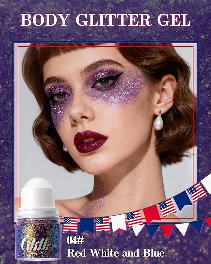 Roll-on face Body Glitter Gel, Holographic Red White and Blue Long Lasting Body Glitter Gel for Face Hair, Mermaid Makeup Chameleon Shimmer Sequins, Christmas Festival Party Accessories for Women-04