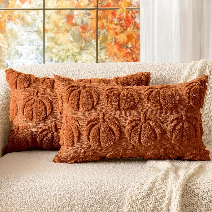 MIULEE Fall Pillow Covers Pumpkin Fall Decor Lumbar 12x20 Dark Rust | Set of 2 Fall Decorations for Home, Plush Faux Fur Farmhouse Accent Pillowcases, Porch Sofa Couch Cushion Bed Livingroom