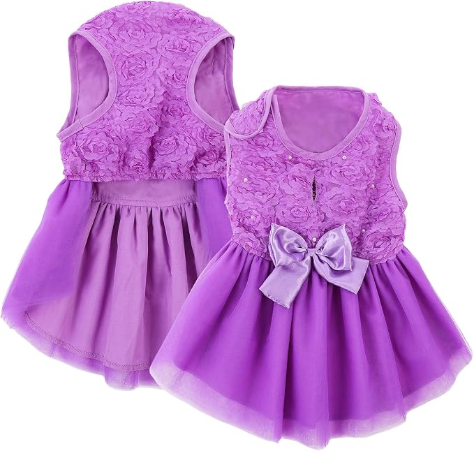 ASENKU Dog Dress Pet Wedding Dress Puppy Birthday Party Outfit, Purple L | Dog Flower Girl Dress With Leash Hole, Princess Puppy Dress For Weddings, Daily Wear, Fits Small Medium Large Dogs Cats