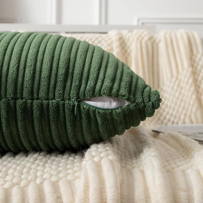 UGASA 14x20 Inch Pillow Cover Pack of 1 Soft Boho Stripe Corduroy Long Rectangular Lumbar Cushion Cover Farmhouse Decorative Throw Pillowcase for Bed, Couch, Sofa, Bedroom, Living Room, Moss Green