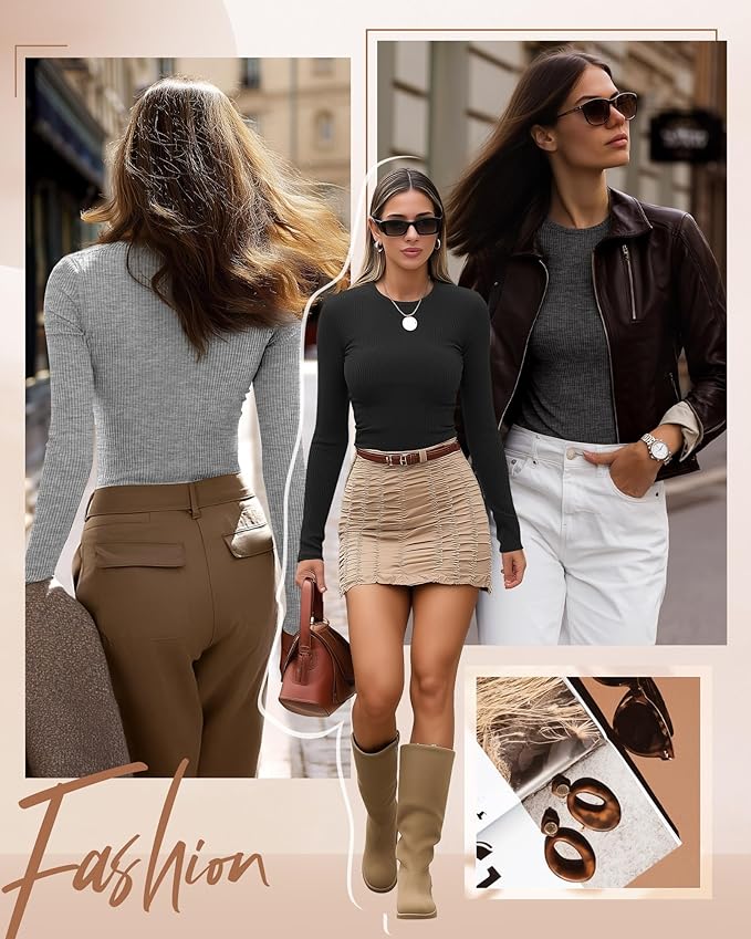 Ficerd 3 Pack Women's Ribbed Long Sleeve Tops, Crew Neck Slim Fit Undershirts Knit Basic Casual Stretch Layering Tee Shirts