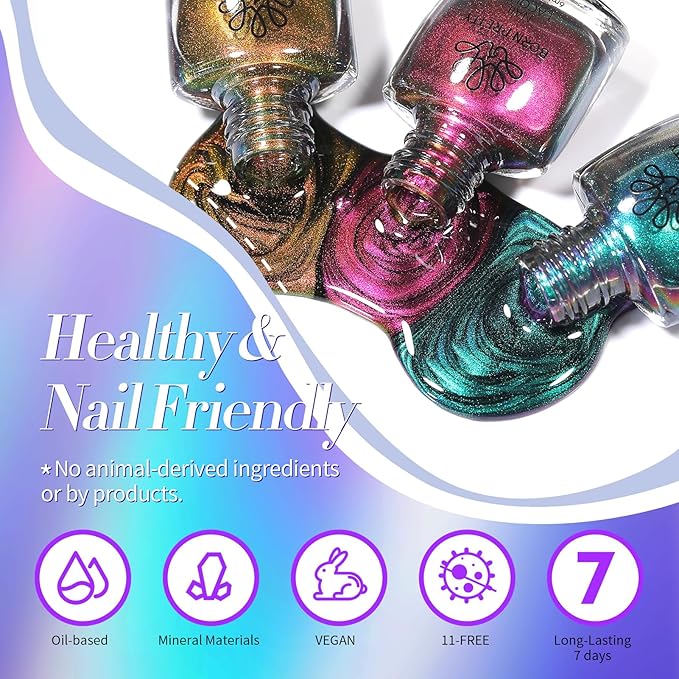Born Pretty Chameleon Nail Polish Set, 6 Colors Chrome Holographic Metallic Glitter Quick Dry Nail Lacquer Kit Long Lasting DIY Fingernail Art Home Salon Valentines Gifts for Women Girls