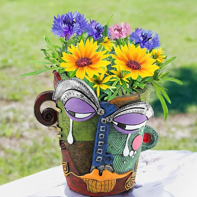 Picasso Flower Pot Colorful Face Art Abstract Resin Flower Pot Unique Face Flower Pot Head Planter for Indoor Outdoor Plants Patio Home Art Decoration (Tears)