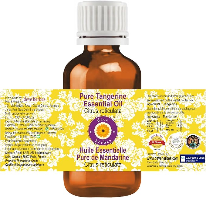 dève herbes Pure Tangerine Essential Oil (Citrus reticulata) Steam Distilled (Pack of Five) 100ml X 5 (16.9 oz)