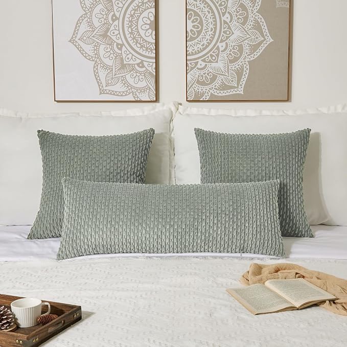 Kevin Textile Soft Corduroy 20"x54" Body Pillow Cover 1 Pack, Grey Green | Boho Stripe Plush Corduroy Decorative Oblong Cushion Cover Modern Farmhouse Home Decor for Sofa Couch Bed Chair