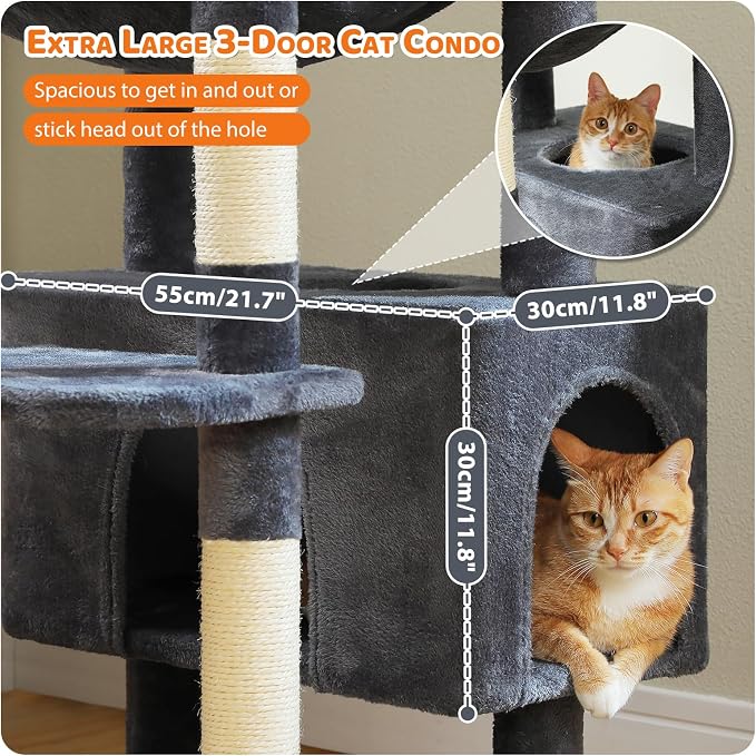 PAWZ Road XXL 81" Cat Tree Large Cats with Big Condos,Perches Sisal Posts | 20"x16" hammock for adult cats, tall cat tower with 7 scratching posts, dual perch and large condo for big maine cats