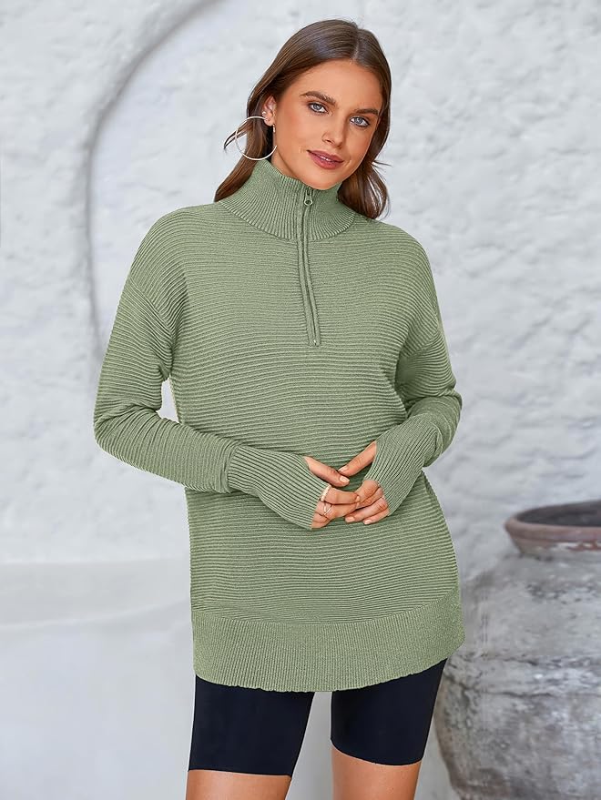 PRETTYGARDEN Womens Long Sleeve Quarter Zip Pullover Sweater Casual Loose V Neck Collared Ribbed Knit Jumper Tops Thumb Hole