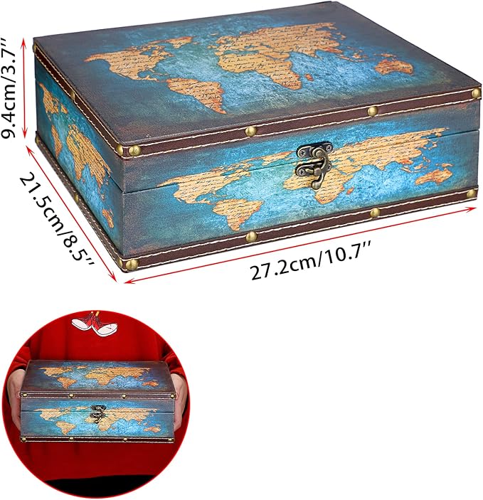 ELLDOO Decorative Treasure Chest Box, Wooden + PU Leather Storage Box for Jewelry Trinkets Photos, Rectangular Keepsakes box for Girls Women Gifts, Green Map Pattern