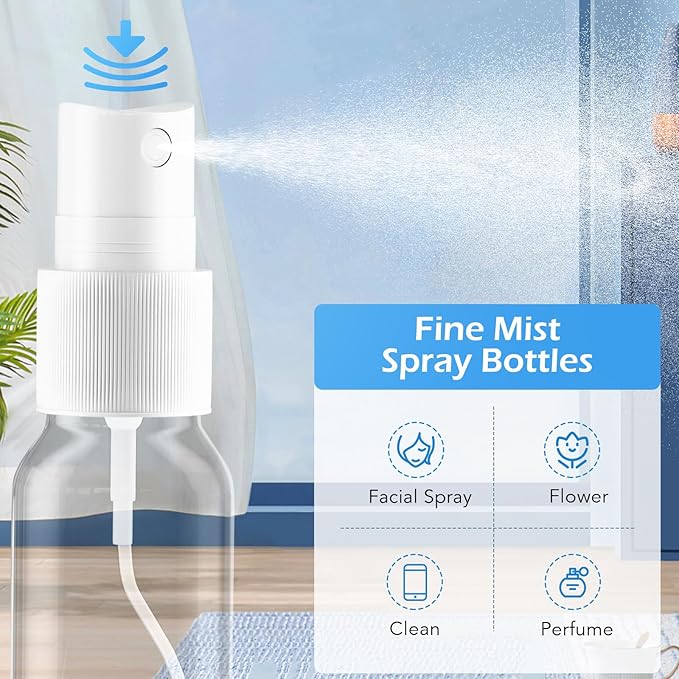 Spray Bottles, 1oz/30ml Clear Empty Fine Mist Plastic Mini Travel Bottle Set, Small Refillable Liquid Containers with 2pcs Funnels and 24pcs Labels (12 Pack)