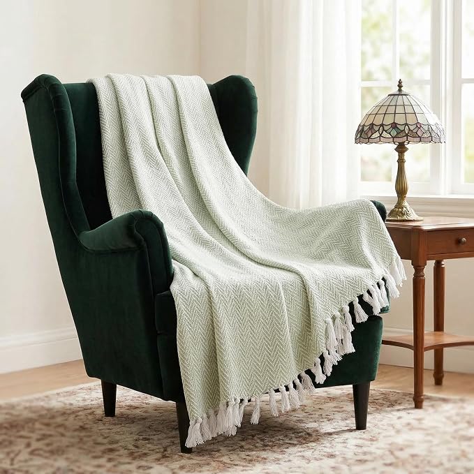 Americanflat 50x60 Throw Blanket - Soft and Breathable Cotton Throw Blanket for Couch, Bed, Chair - Decorative Blankets Perfect for Home or Outdoor Use - Light Green and White Herringbone Design