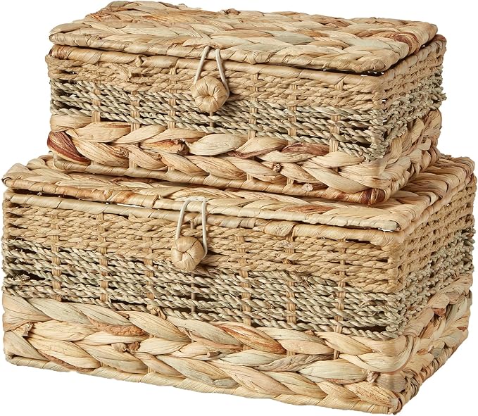 2PCS Wicker Storage Baskets with Lids Decorative Rattan Boxes | Handmade Natural Boho Woven Bins, Water Hyacinth Seagrass Paper Rope, Memory Keepsake Photo Makeup Container, Shelf Organizer