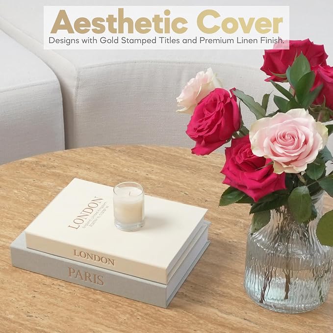 Decorative Books with Storage – Set of 2 Faux Linen Book Boxes with Gold Stamped Covers – Enhance Your Coffee Table, Bookshelf or Mantle Decor – Hidden Storage for Photos, Keepsakes, and Jewelry