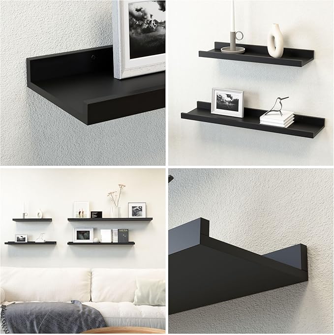 Boswillon Floating Shelves Set of 2, Long Wall Shelf with Lip, 48in, Black | Display Ledge Shelf for Room Wall, Wall Decor Shelves for Bathroom, Living Room, Bedroom, Kitchen, Nursery Room, Modern, Wood