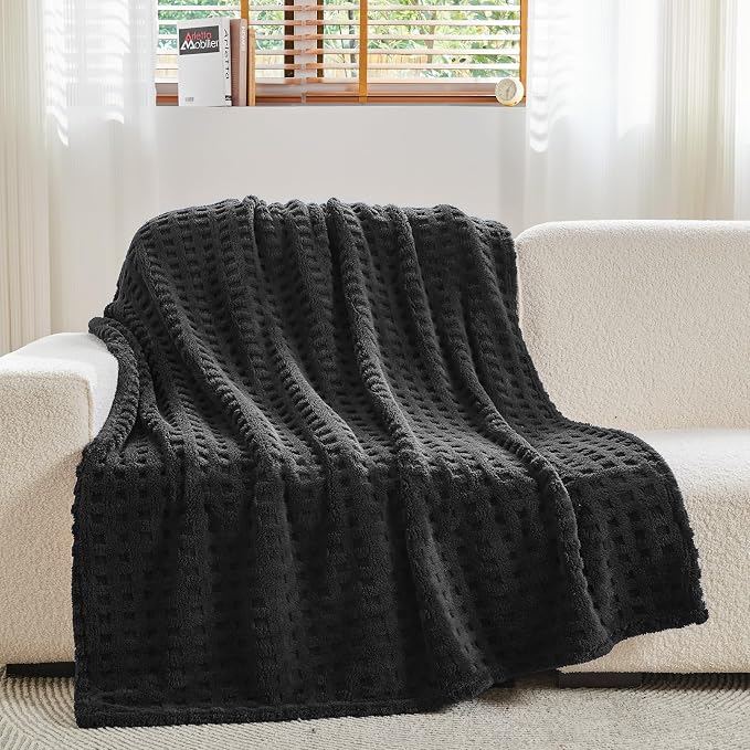 NEWCOSPLAY 3D Waffle Checkered Flannel Queen Blanket, Black, 90"x90" | Super Soft Cute Lightweight Decorative Premium Silky Fleece Blanket for Couch Sofa Bed, Gift for Women Men, All Season Use