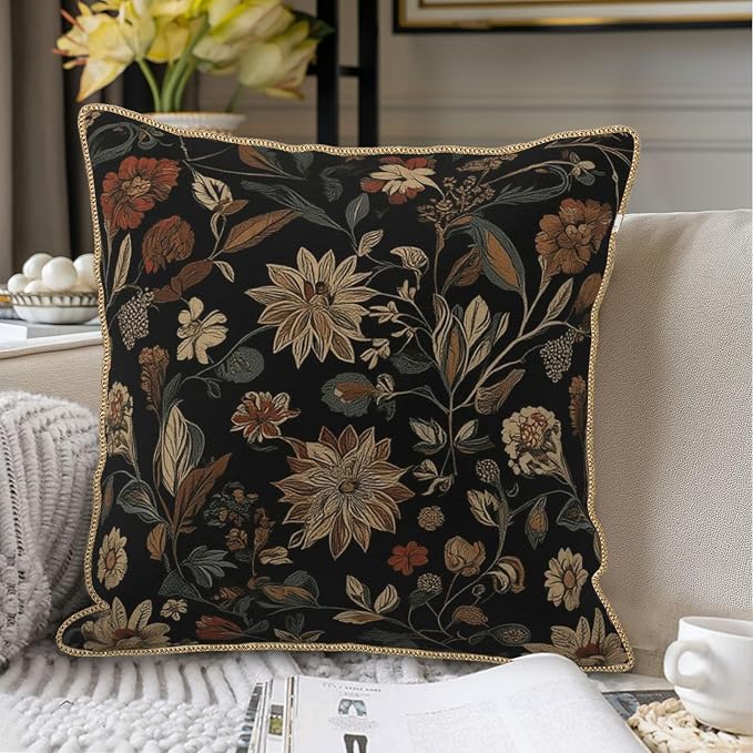 KSLIDS Vintage Floral Brown Black Soft Velvet Throw Pillow Covers Set of 2 Retro Boho Flower Leaves Decorative Pillow Covers 16x16 Inch Bohemian Pillow Case for Sofa Couch Farmhouse Home Decor