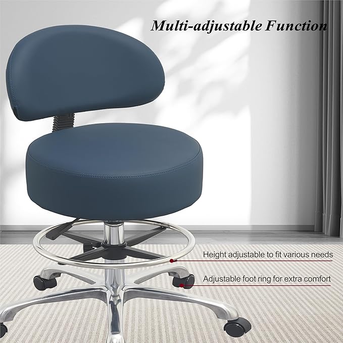 Height Adjustable Rolling Shop Stool with Back Support - Kitchen Stool with Wheels Heavy Duty Stool with Back for Salon,Spa,Massage,Tattoo,Esthetician – Rolling Stool Extra Thick for Extreme Comfort