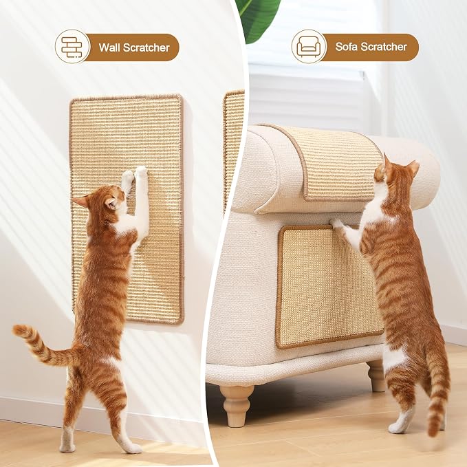 FUKUMARU 2 Packs Cat Scratching Mat, 23.6 x 15.7 Inch Cat Scratcher Pad | Natural Sisal Cat Scratch Mat for Indoor Cats, Horizontal Cat Wall Scratcher Floor Rug with Sticky Tapes, Furniture Protector