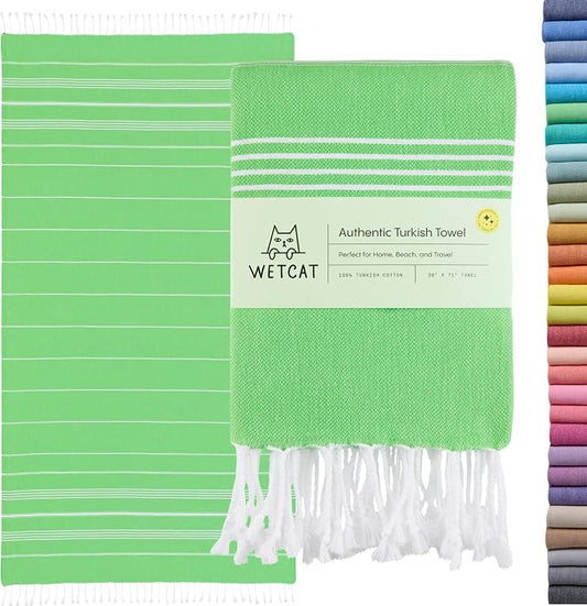 WETCAT Turkish Beach Towel Oversized (38"x71") 100% Turkish Cotton, Made in Turkey - Sand Free, Extra Large, Ultra Soft, Quick Drying, Compact & Lightweight for Travel - Lime Green