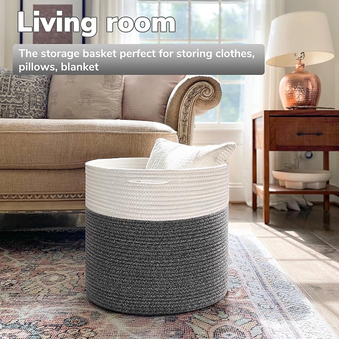 Goodpick Woven Blanket Basket Living Room, Toy Bin for Playroom, 45L | 15.8 x 15.8 x 13.8 In Toy Storage Basket for Nursery, Blanket Basket for Living room, Laundry Basket, Gray