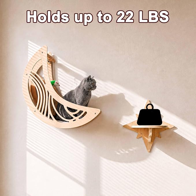 Moon & Star Cat Wall Shelves, Modern Cat Furniture Perch for Indoor Cats | Kitten Shelves with Decorative Cutouts, Space-Saving, Stable & Safe, Paintable, Pre-Drilled, Wood Cat Climbing System