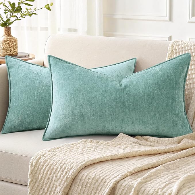 decorUhome Chenille Aqua Haze Velvet Throw Pillow Covers 12x20 Set of 2 | Fall Soft Lumbar Couch Decorative Modern Farmhouse Pillow Cases with Elegant Design for Sofa Bed Living Room Home Decor